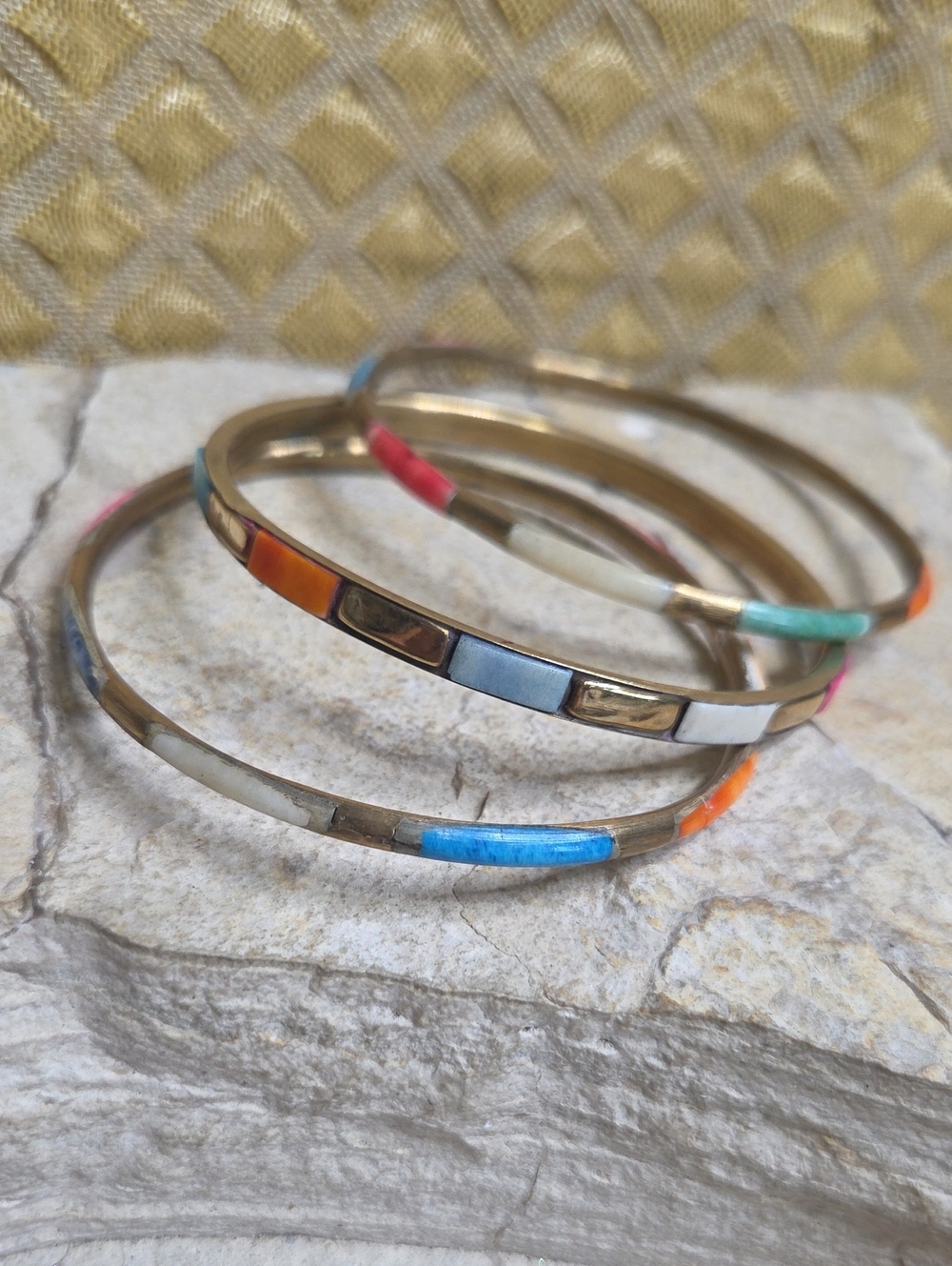 Vintage Brass Multicolor Enamel MOP Inlay Bangle Bracelets - Set of 3